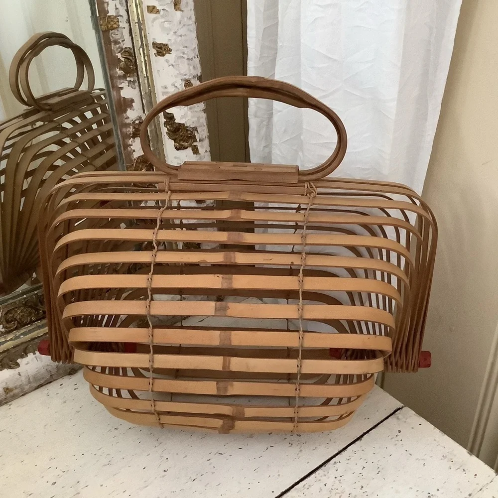 Vintage Japanese Folding Collapsible Wood Market Basket Bamboo Wood Purse